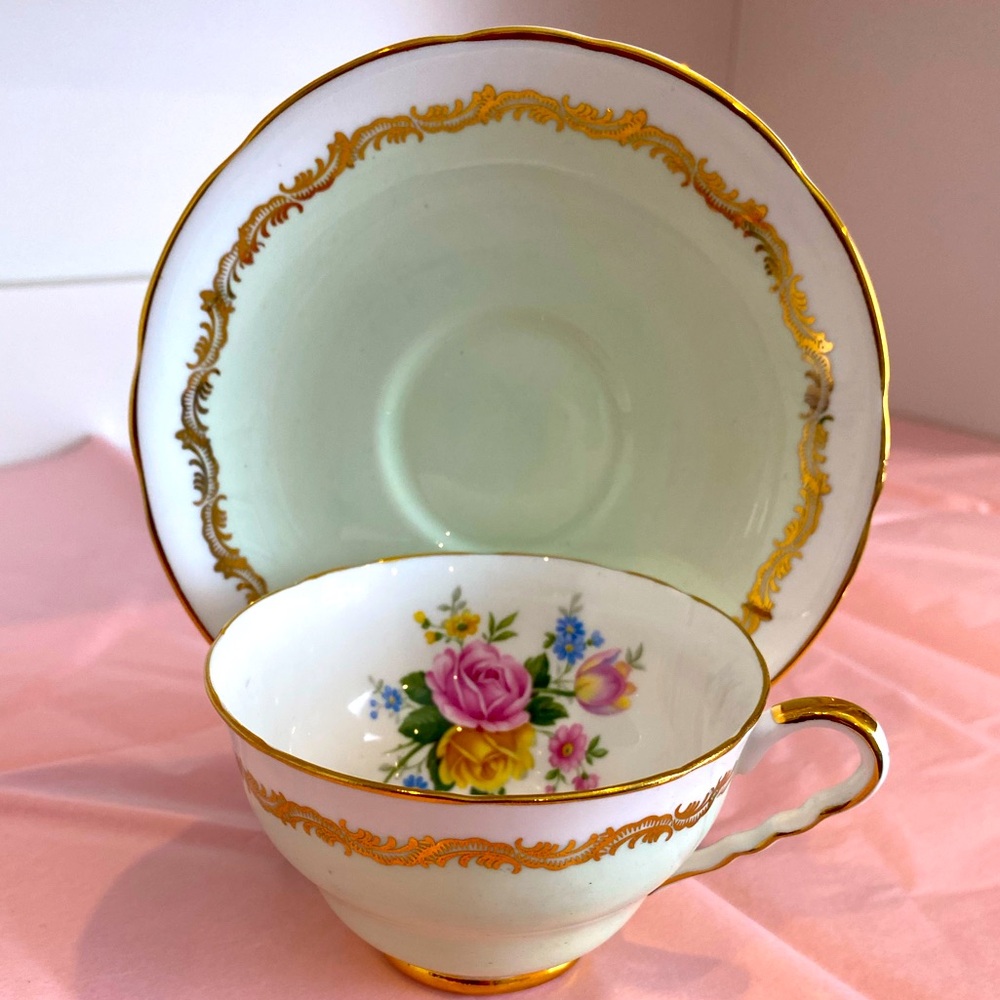 Vtg Royal Stafford Teacup and Saucer in Mint Green, Florals and Gold Filigree